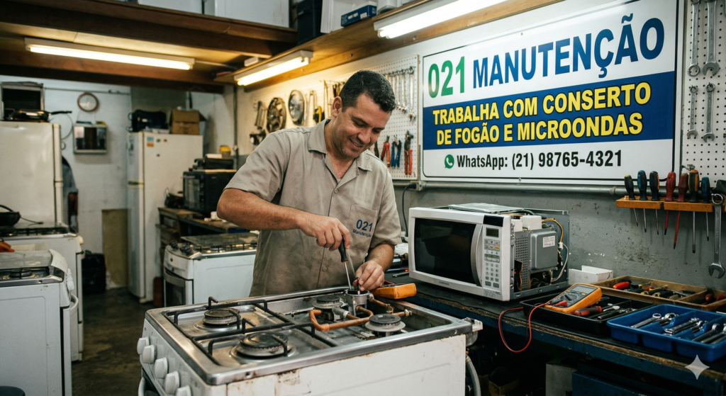 Empresa 021 Manutenção, imagem simbolizando o técnico fazendo manutenção de conserto de microondas em Praça Seca RJ